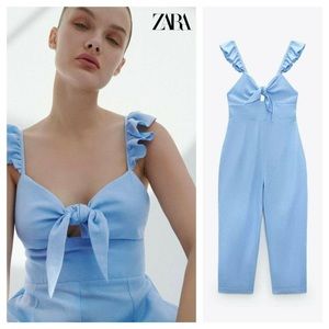 NWT Zara Blue Ruffles Bow Ties Straps Jumpsuit